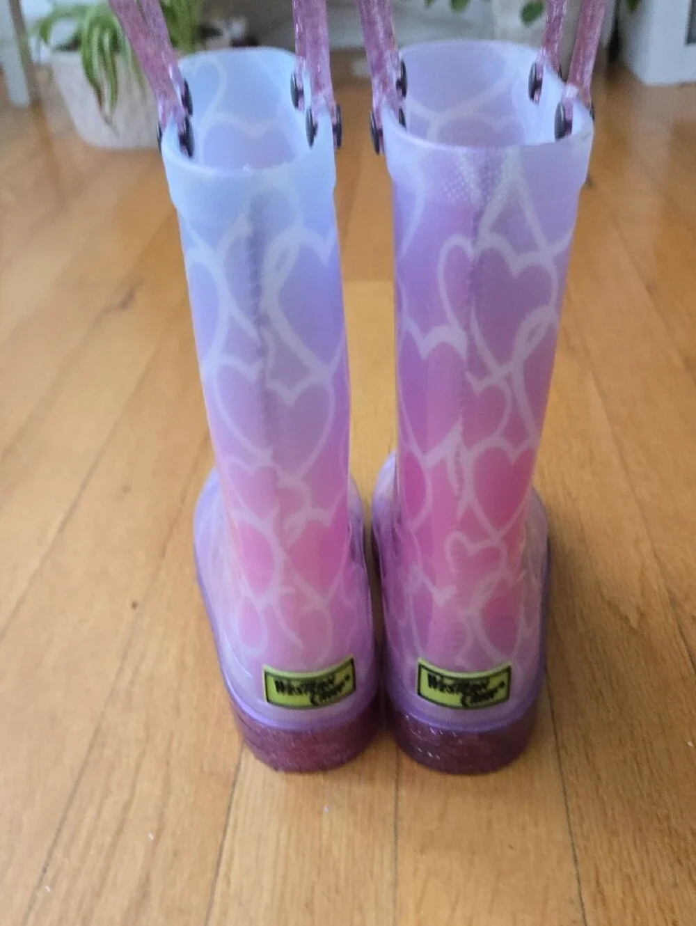 Western Chief Pink and Purple Heart Pattern Kids Rain Boots with Glitter Handles